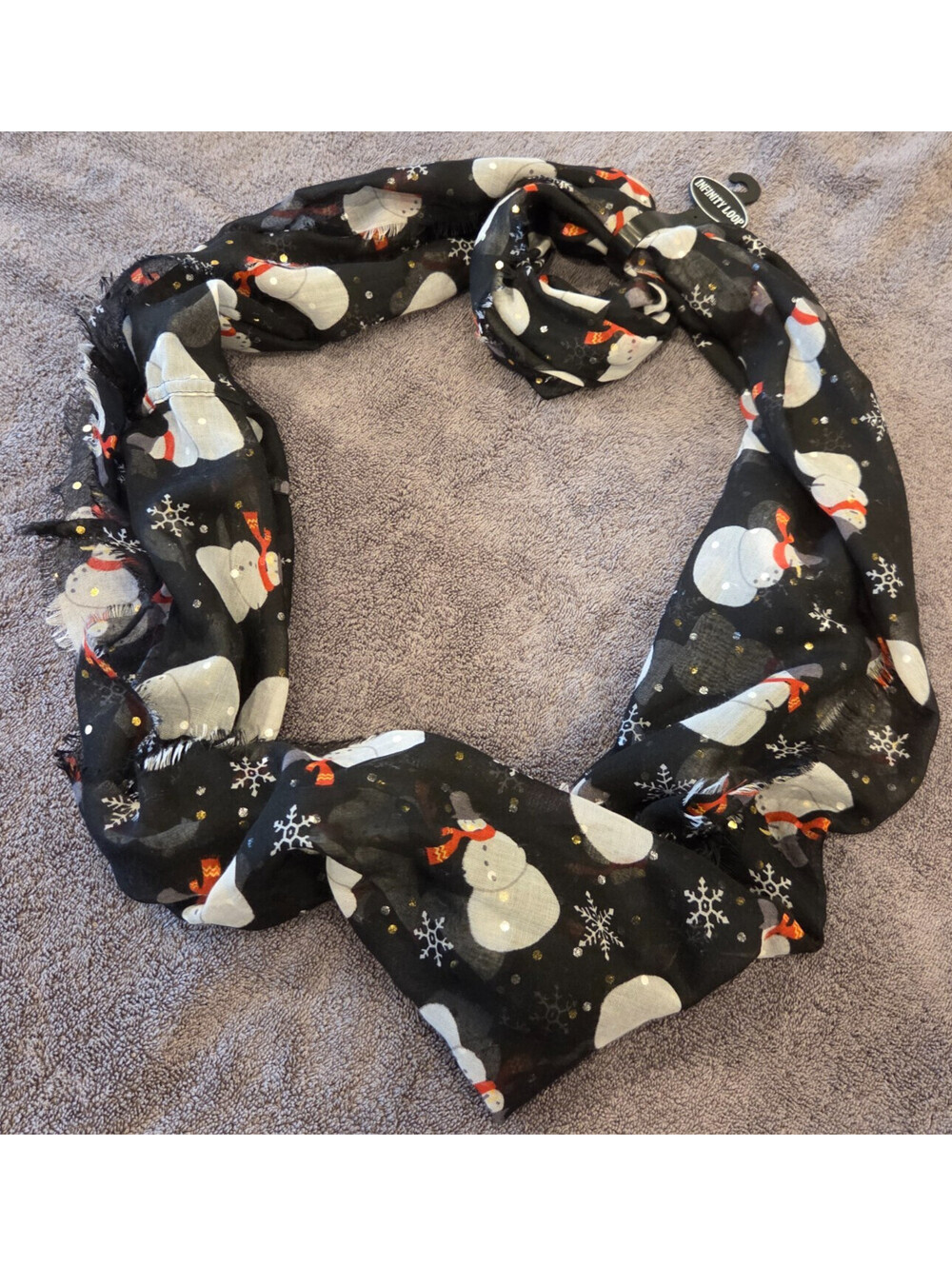 NEW WITHOUT TAGS Black Snowman Snowflake Christmas Holiday Sheer Infinity Loop S